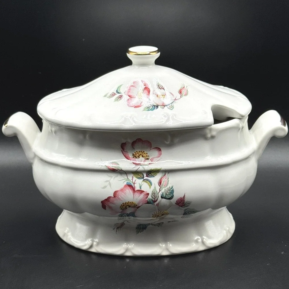House of Webster Briar Rose Soup Tureen with Lid Cottage Gold Trim White Ceramic